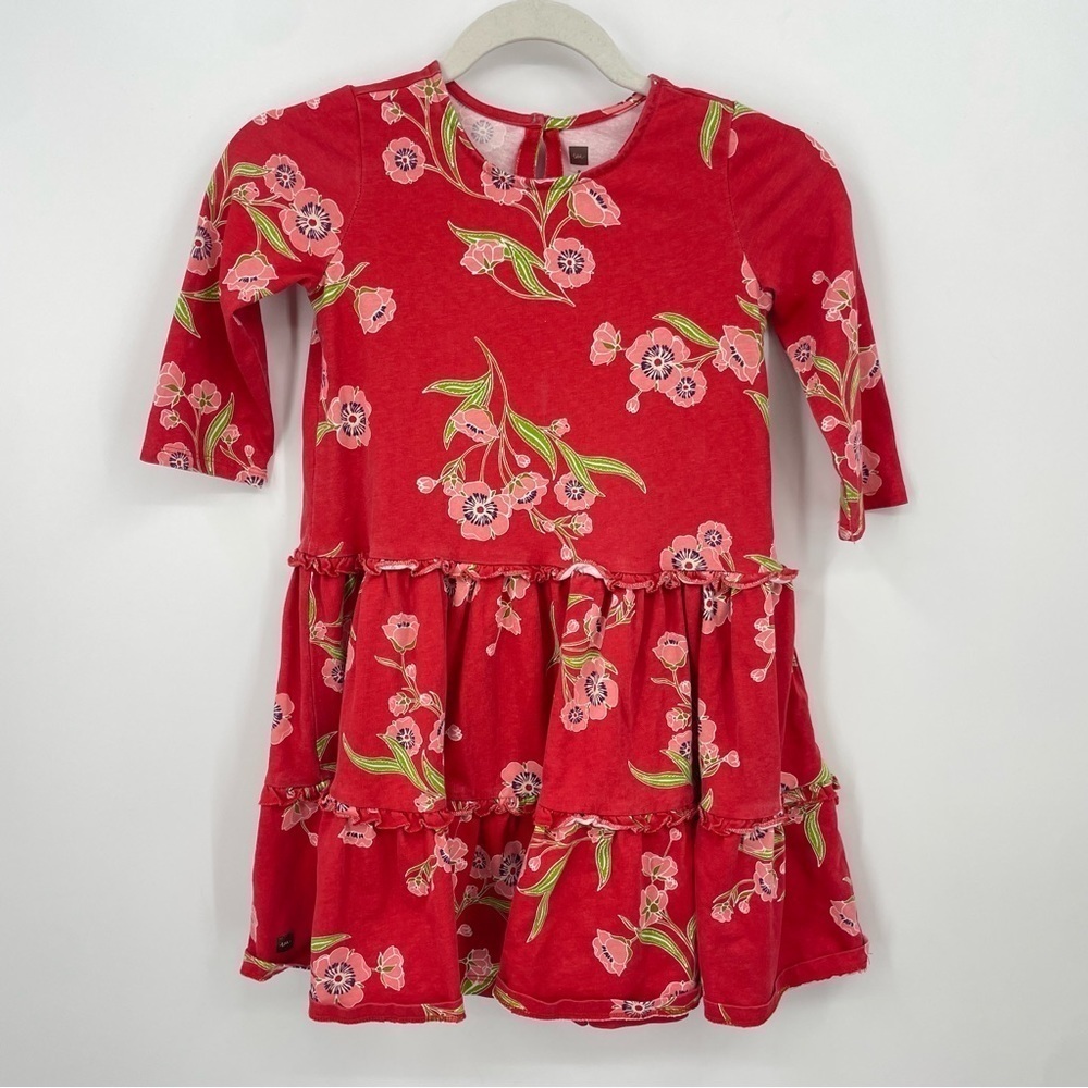 Tea Collection Floral Red Ruffle Dress Girls Size 8 3/4 Sleeve